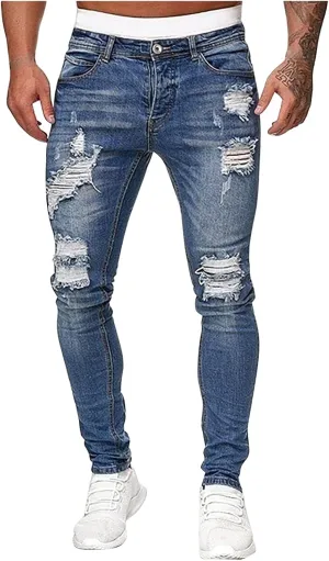 evzosrz Men's Slim Fit Jeans Ripped Skinny Jeans Stretch Destroyed Distressed Side Striped Stretchy Jeans Denim Pants