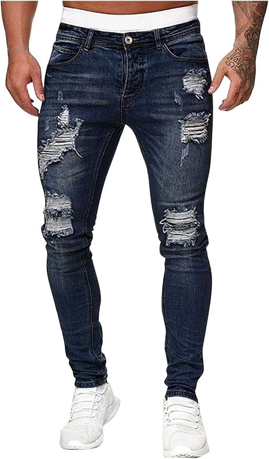 evzosrz Men's Slim Fit Jeans Ripped Skinny Jeans Stretch Destroyed Distressed Side Striped Stretchy Jeans Denim Pants