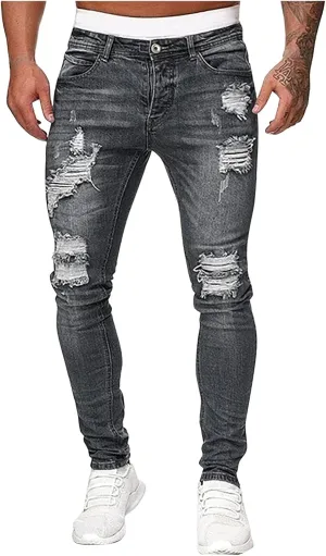 evzosrz Men's Slim Fit Jeans Ripped Skinny Jeans Stretch Destroyed Distressed Side Striped Stretchy Jeans Denim Pants