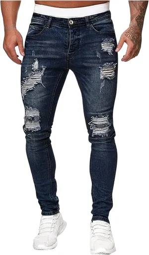 evzosrz Men's Slim Fit Jeans Ripped Skinny Jeans Stretch Destroyed Distressed Side Striped Stretchy Jeans Denim Pants