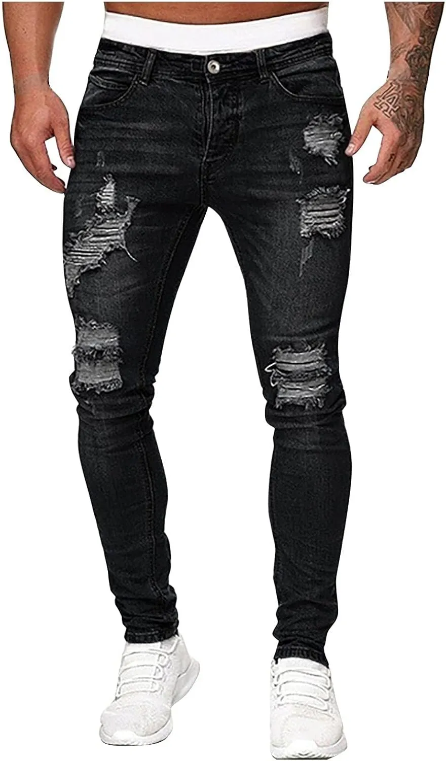 evzosrz Men's Slim Fit Jeans Ripped Skinny Jeans Stretch Destroyed Distressed Side Striped Stretchy Jeans Denim Pants