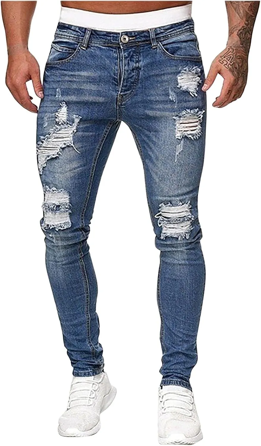 evzosrz Men's Slim Fit Jeans Ripped Skinny Jeans Stretch Destroyed Distressed Side Striped Stretchy Jeans Denim Pants