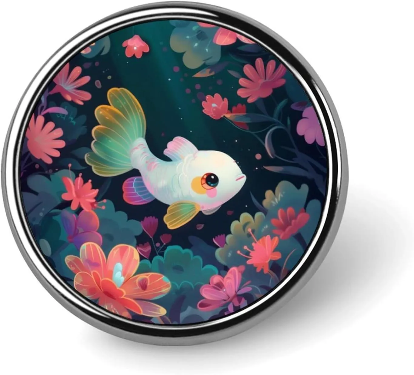 Fairy Tale Cute Goldfish Round Brooch Pin Badge Lapel Tie Pin for Women Men Office Worker Teacher Decor