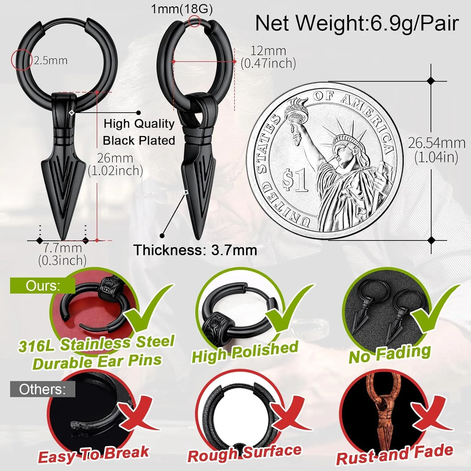 FaithHeart Viking Raven Earrings for Men Sturdy Stainless Steel Punk Rock Earrings Lightweight Hypoallergenic Ear Jewelry with Gift Box