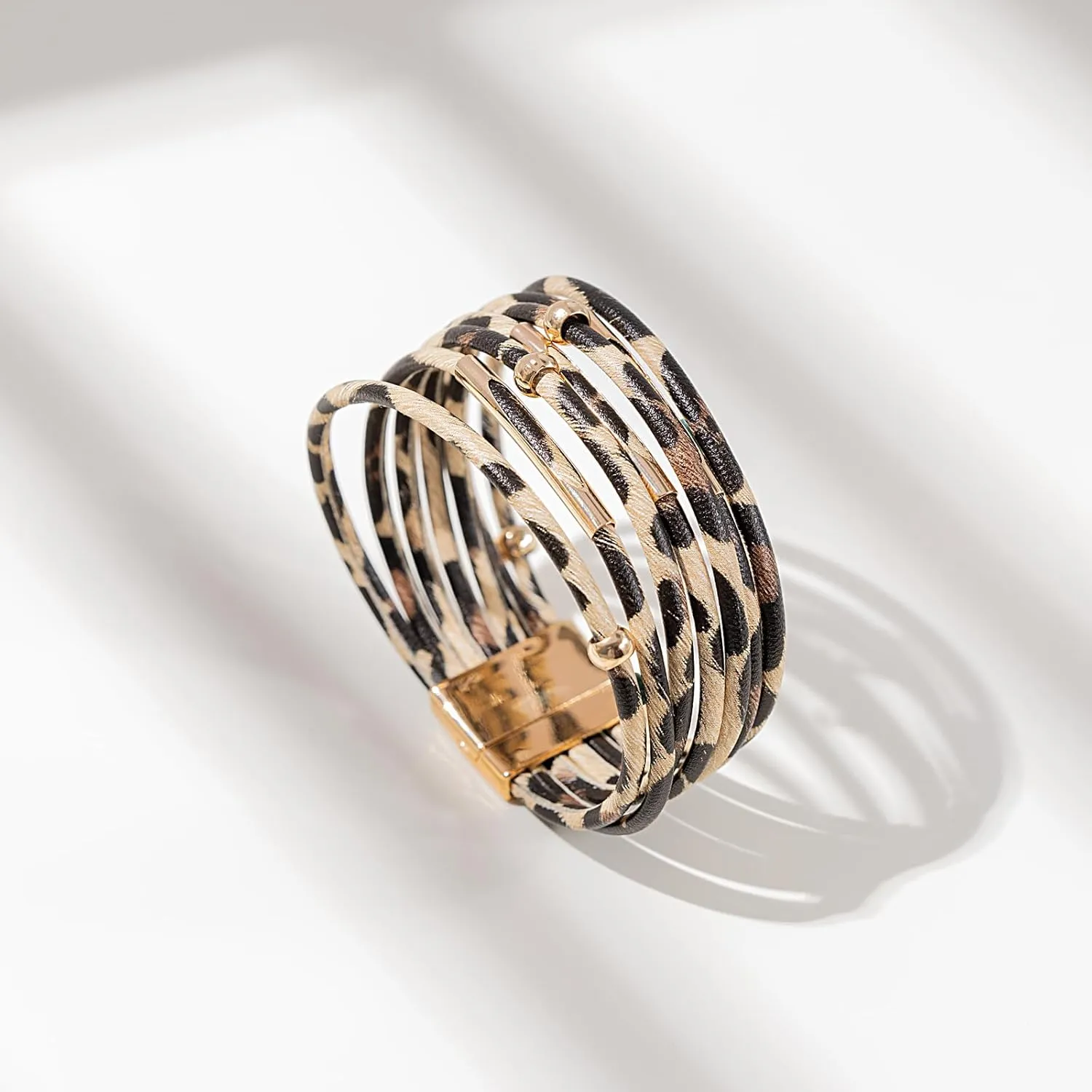 FANCY SHINY Leopard Leather Wrap Bracelet Stackable Boho Tube Beaded Cuff Bracelet with Magnetic Clasp