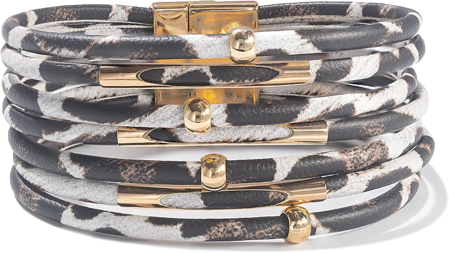 FANCY SHINY Leopard Leather Wrap Bracelet Stackable Boho Tube Beaded Cuff Bracelet with Magnetic Clasp