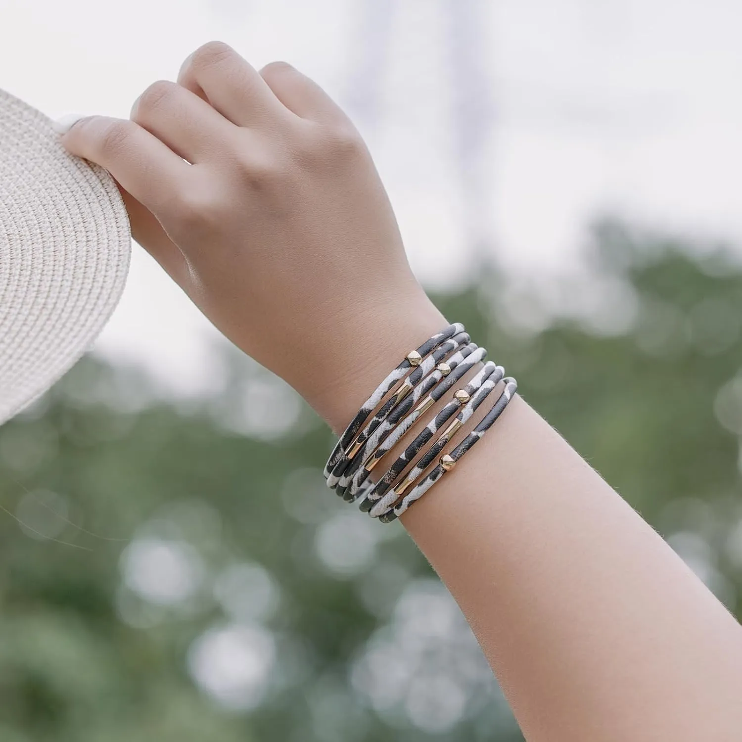 FANCY SHINY Leopard Leather Wrap Bracelet Stackable Boho Tube Beaded Cuff Bracelet with Magnetic Clasp