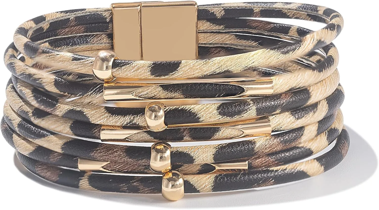 FANCY SHINY Leopard Leather Wrap Bracelet Stackable Boho Tube Beaded Cuff Bracelet with Magnetic Clasp
