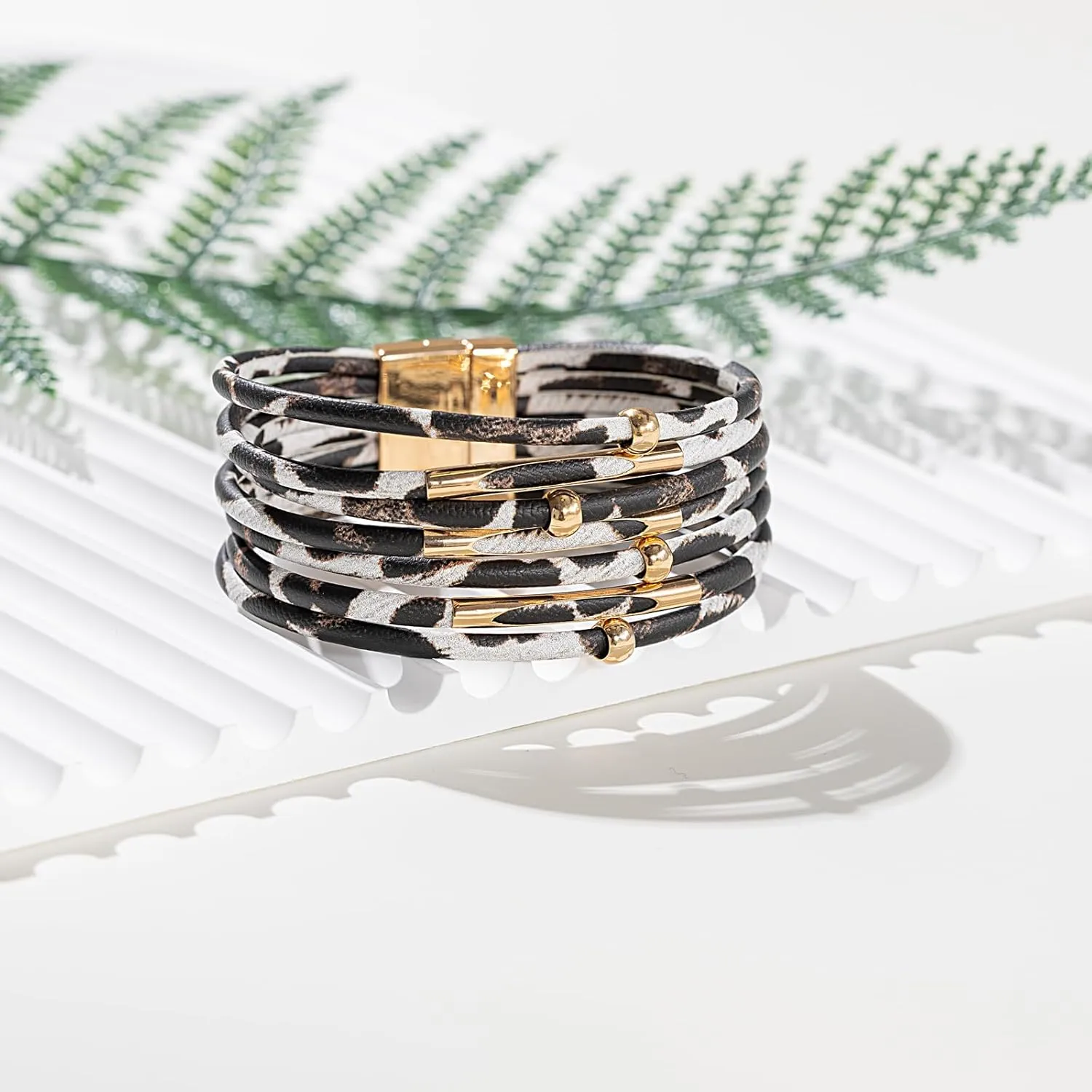 FANCY SHINY Leopard Leather Wrap Bracelet Stackable Boho Tube Beaded Cuff Bracelet with Magnetic Clasp
