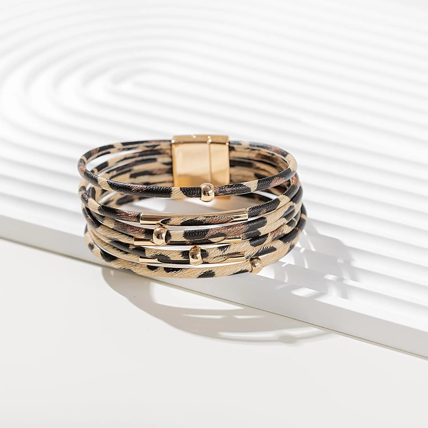 FANCY SHINY Leopard Leather Wrap Bracelet Stackable Boho Tube Beaded Cuff Bracelet with Magnetic Clasp