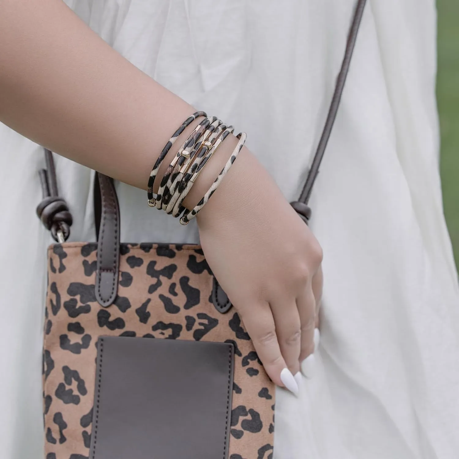 FANCY SHINY Leopard Leather Wrap Bracelet Stackable Boho Tube Beaded Cuff Bracelet with Magnetic Clasp