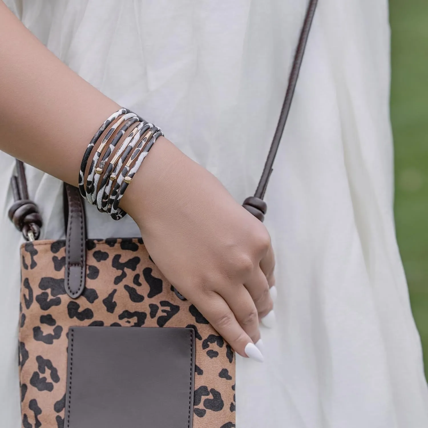 FANCY SHINY Leopard Leather Wrap Bracelet Stackable Boho Tube Beaded Cuff Bracelet with Magnetic Clasp
