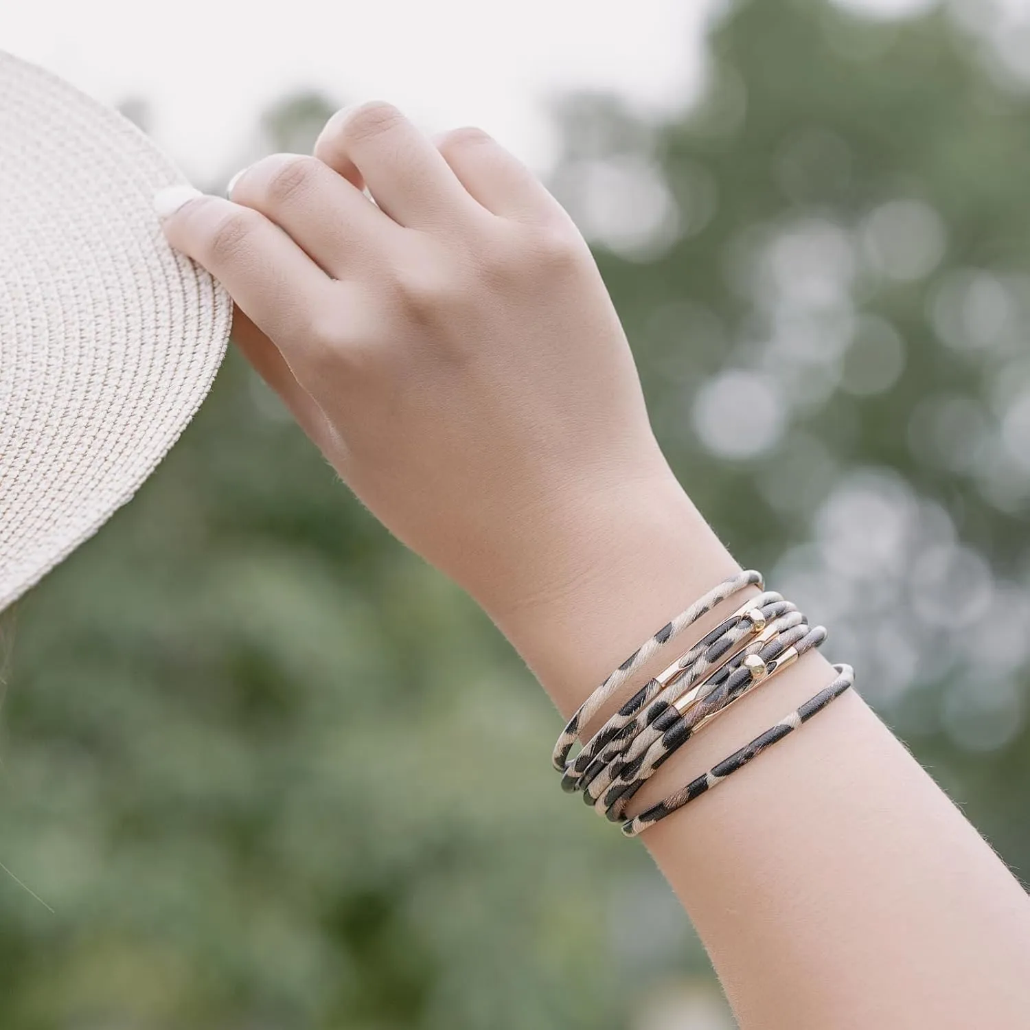 FANCY SHINY Leopard Leather Wrap Bracelet Stackable Boho Tube Beaded Cuff Bracelet with Magnetic Clasp