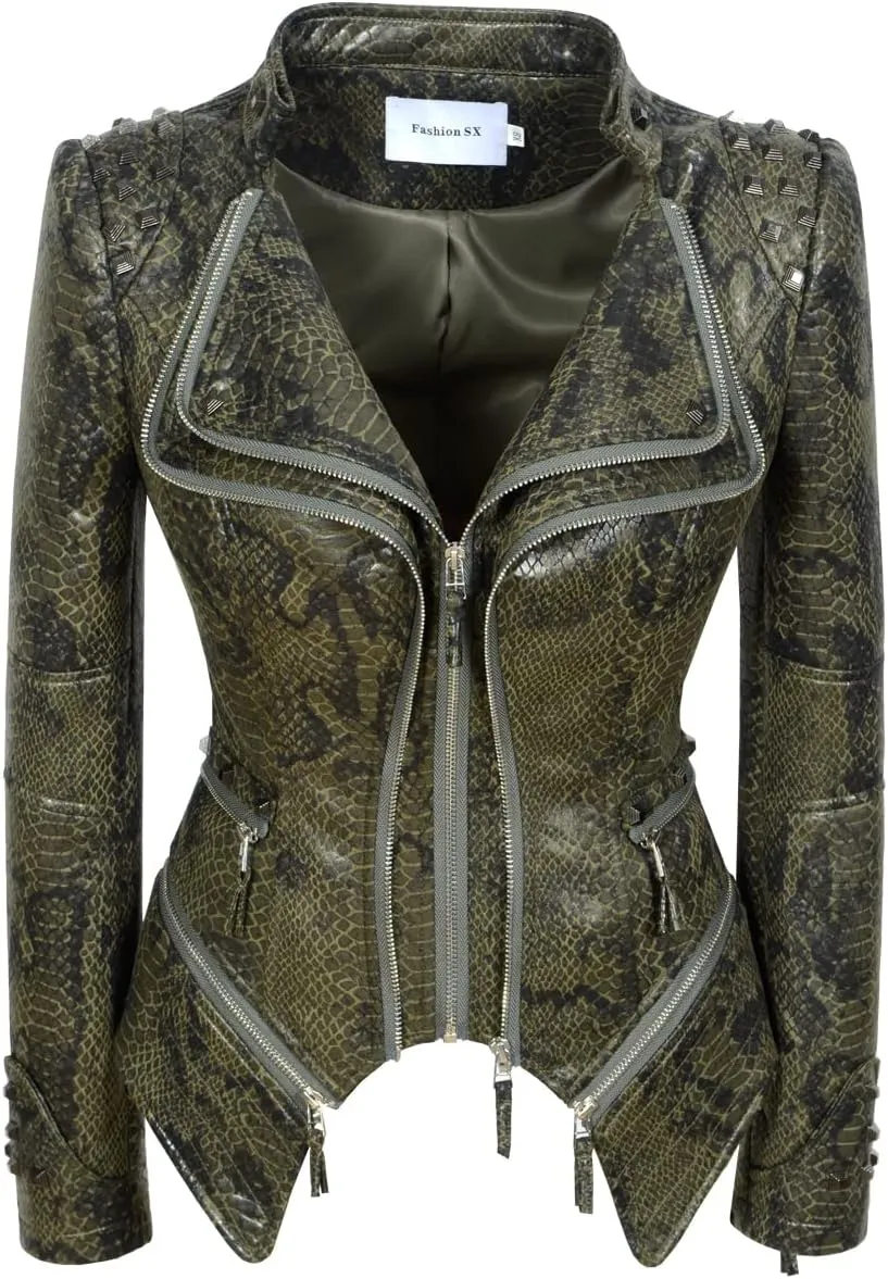 Fashion SX Womens Rivet Faux Leather Jacket Zipper Moto Biker Denim coat Motorcycle Outwear