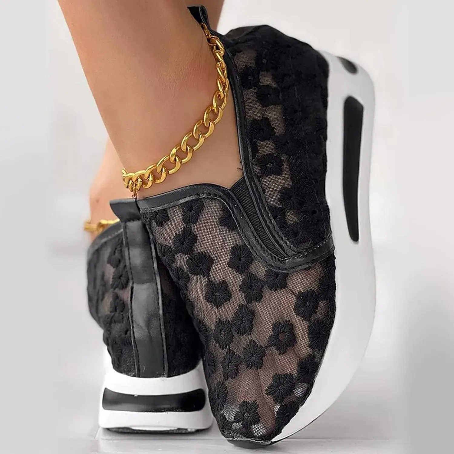 Fashion Wedge Heeled Sneakers for Women Platform Sneakers Non-Slip Women Wedge Tennis Shoes Ladies Breathable Slip On Loafers Lace Floral Embroidery Casual Low Top Chunky Walking Shoes