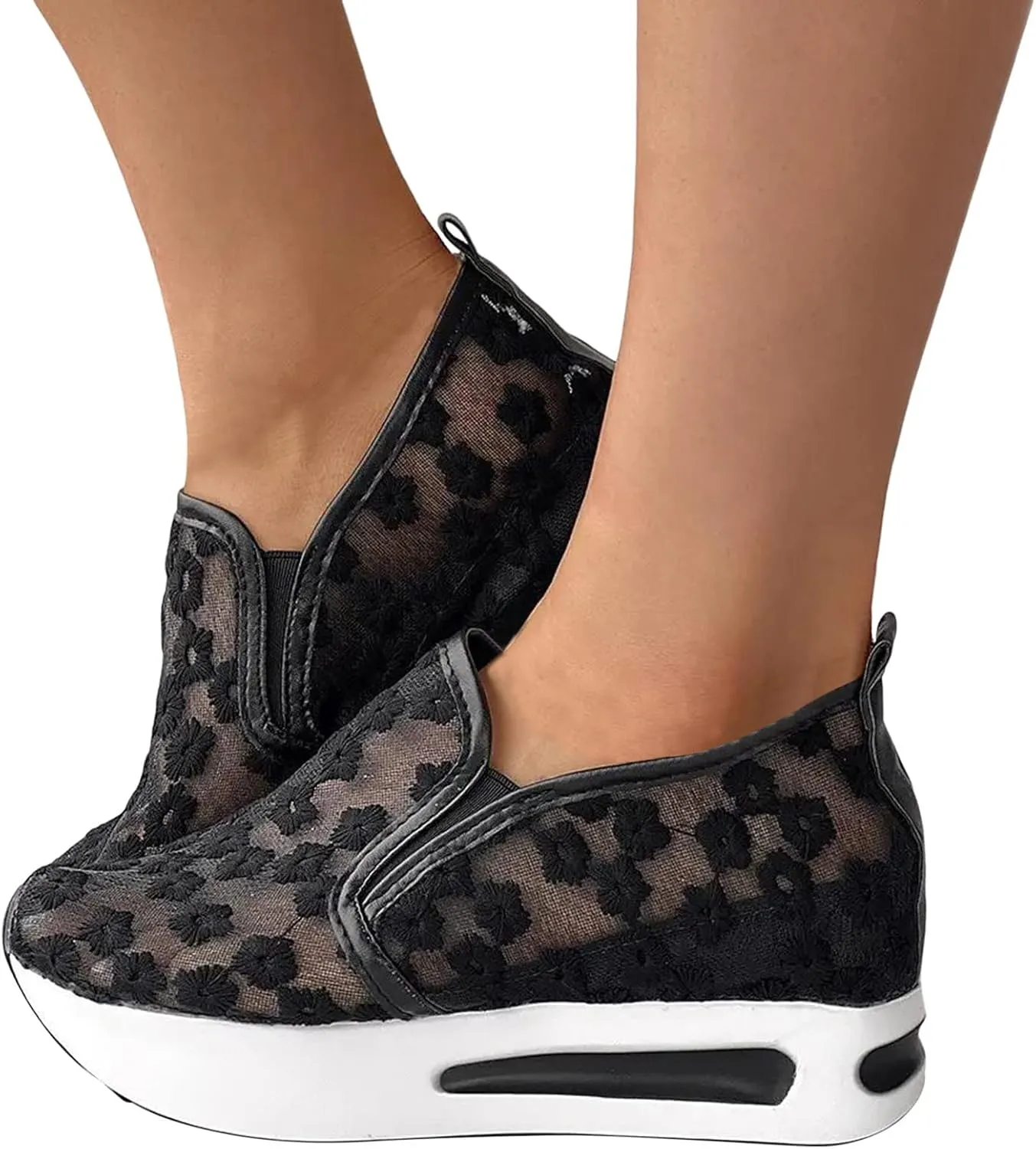 Fashion Wedge Heeled Sneakers for Women Platform Sneakers Non-Slip Women Wedge Tennis Shoes Ladies Breathable Slip On Loafers Lace Floral Embroidery Casual Low Top Chunky Walking Shoes
