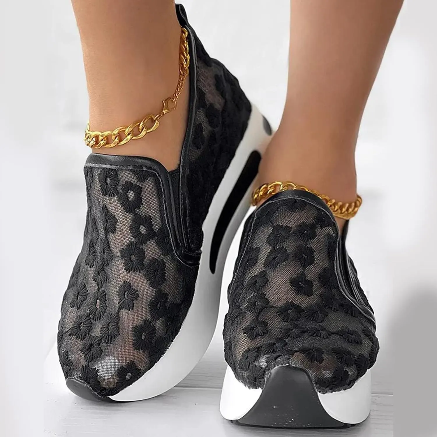 Fashion Wedge Heeled Sneakers for Women Platform Sneakers Non-Slip Women Wedge Tennis Shoes Ladies Breathable Slip On Loafers Lace Floral Embroidery Casual Low Top Chunky Walking Shoes