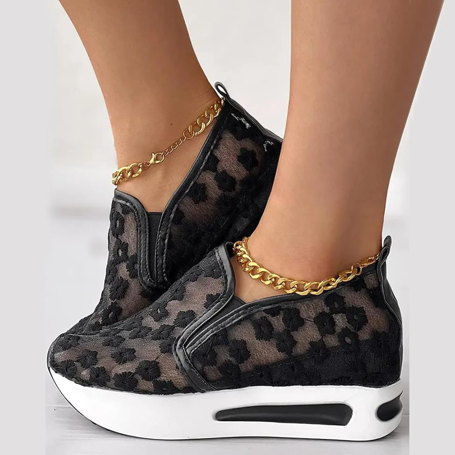 Fashion Wedge Heeled Sneakers for Women Platform Sneakers Non-Slip Women Wedge Tennis Shoes Ladies Breathable Slip On Loafers Lace Floral Embroidery Casual Low Top Chunky Walking Shoes