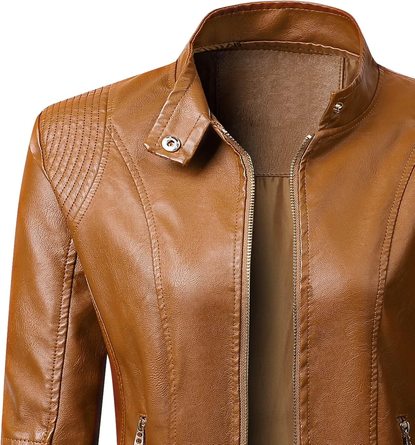 Faux Leather Jacket for Women Stand Collar Coat Short Slim Fit Jackets Zipper Outerwear Zip up Moto Bike Bomber Coats