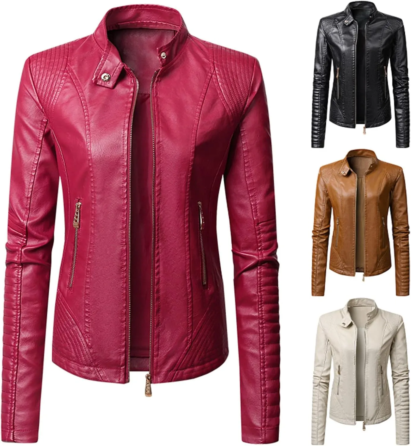 Faux Leather Jacket for Women Stand Collar Coat Short Slim Fit Jackets Zipper Outerwear Zip up Moto Bike Bomber Coats