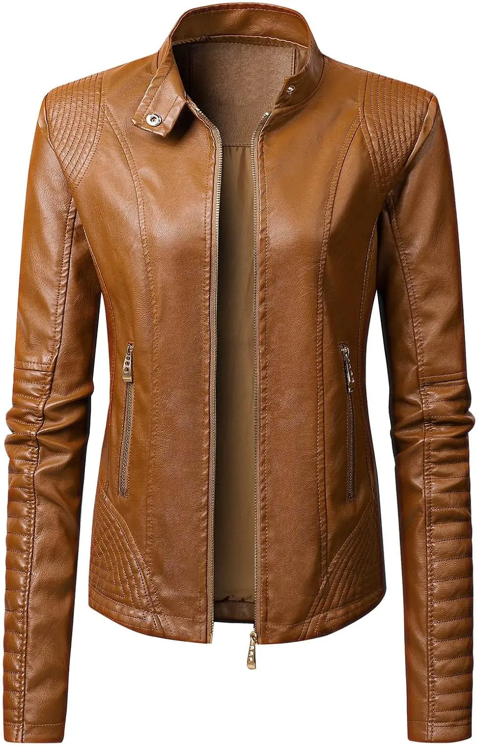 Faux Leather Jacket for Women Stand Collar Coat Short Slim Fit Jackets Zipper Outerwear Zip up Moto Bike Bomber Coats