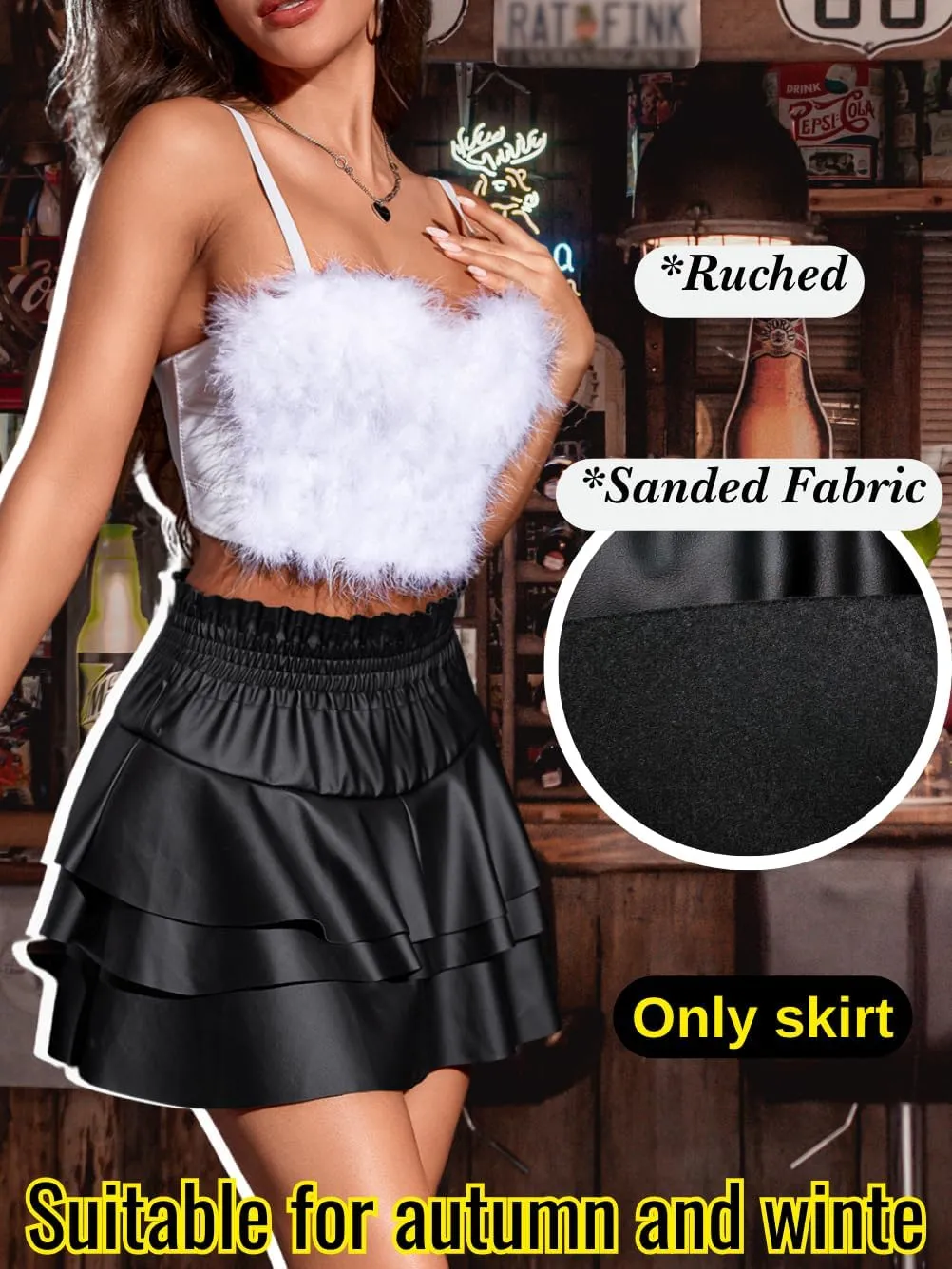 Faux Leather Mini Skirt, High Waisted Ruffle Pleated, A-line Flowy Skater Skirts, Concert Outfits for Women