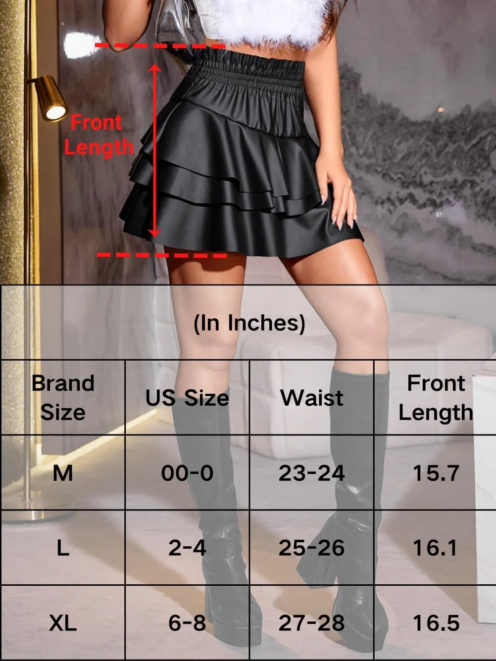 Faux Leather Mini Skirt, High Waisted Ruffle Pleated, A-line Flowy Skater Skirts, Concert Outfits for Women