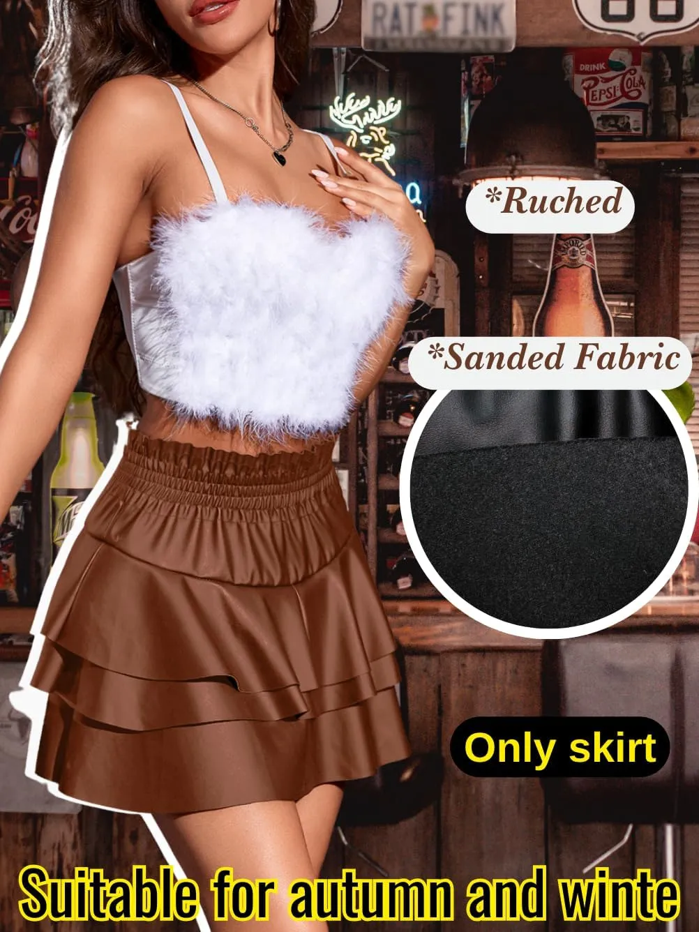 Faux Leather Mini Skirt, High Waisted Ruffle Pleated, A-line Flowy Skater Skirts, Concert Outfits for Women