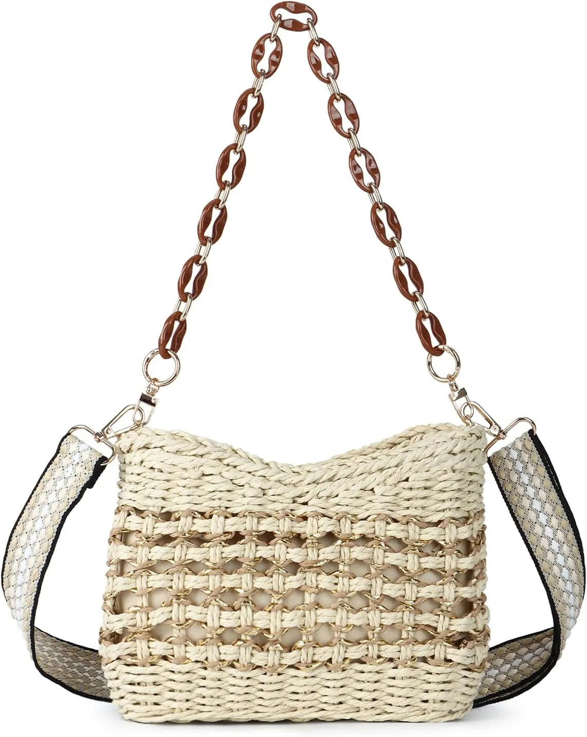Fecialy Handmade Straw Crossbody Bag for Women Chic Summer Woven Shoulder Bag Beach Handbag with Chain