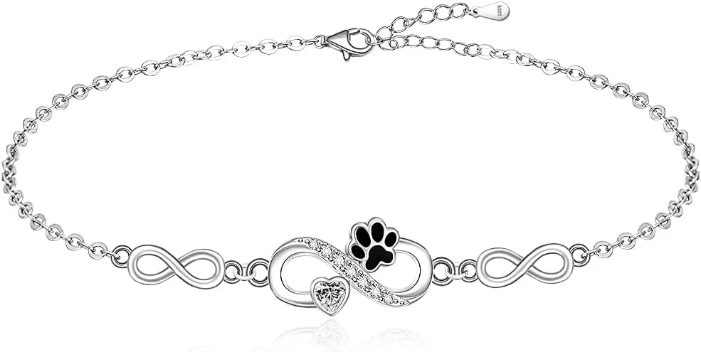 Fenthring Paw Print Anklet S925 Sterling Silver Infinity Heart Puppy Dog Cat Ankle Bracelets for Women Beach Barefoot Paws Hawaiian Boho Cute Adjustable Anklets Mothers Day Gifts