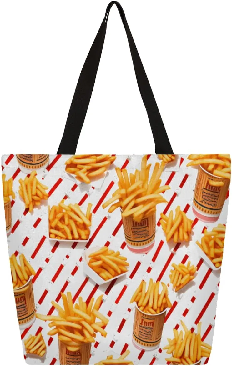French Fries Canvas Tote Bag for Women Heavy Duty Canvas Bag Beach Bags Reusable Grocery Shopping Bags Tote Bag Gym Shoulder Bag with Inner Pocket