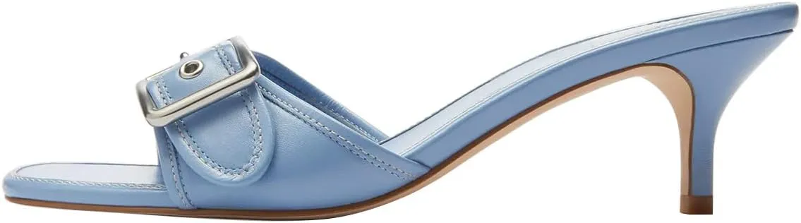 FSJ Women Low Kitten Heel Mules Comfortable Square Open Toe Slip On Sandals Studs Buckled Strap Slides Summer Fashion Slippers Size 4-16 US