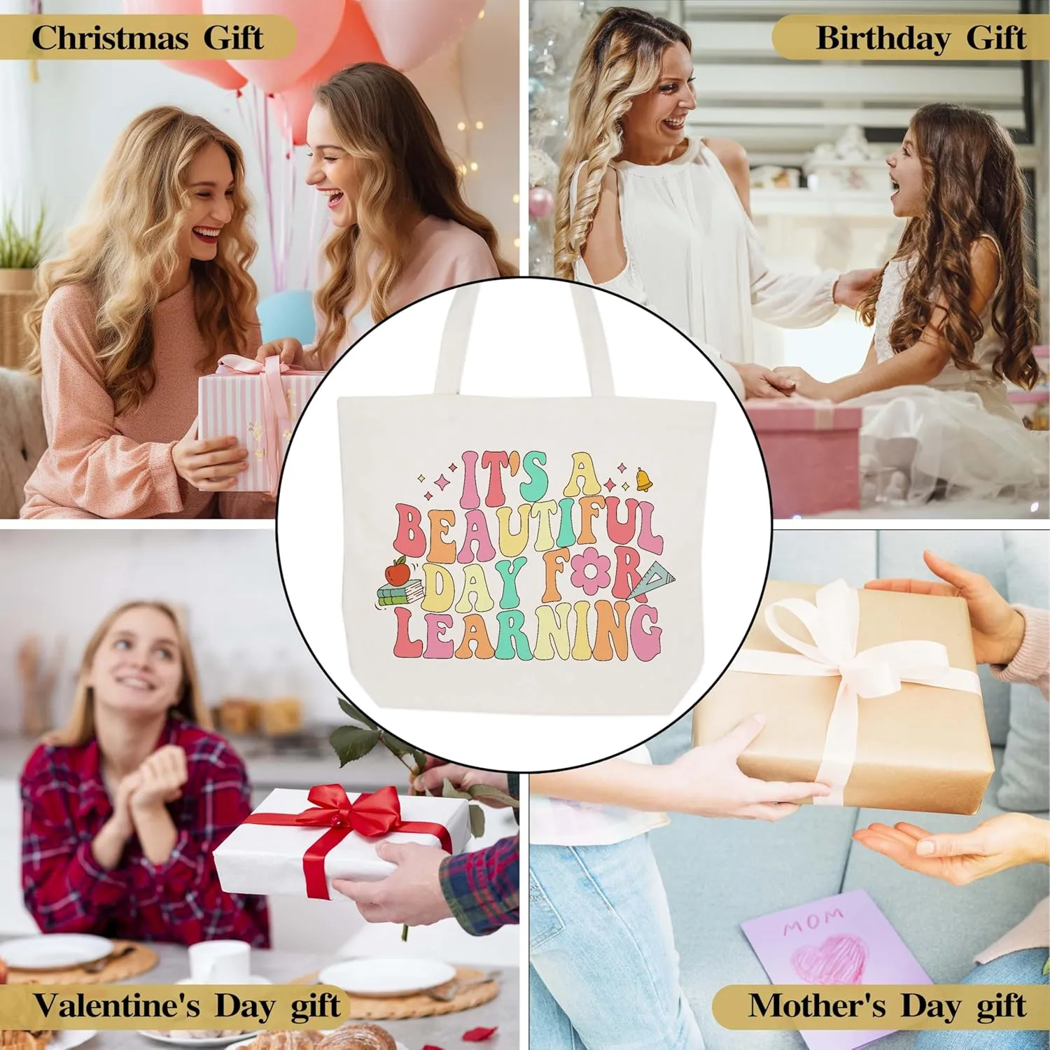 Funny Quotes Gifts for Mom, Rainbow Canvas Tote Bag Aesthetic, Reusable Grocery Shopping Bags