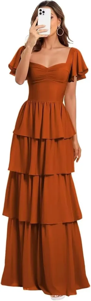 GATMAHE Short Sleeves Tiered Chiffon Bridesmaid Dresses for Women Ruffle Chiffon A Line Formal Evening Dress