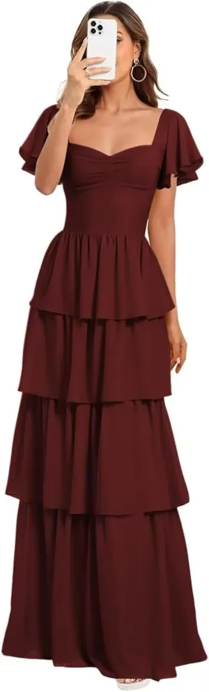 GATMAHE Short Sleeves Tiered Chiffon Bridesmaid Dresses for Women Ruffle Chiffon A Line Formal Evening Dress
