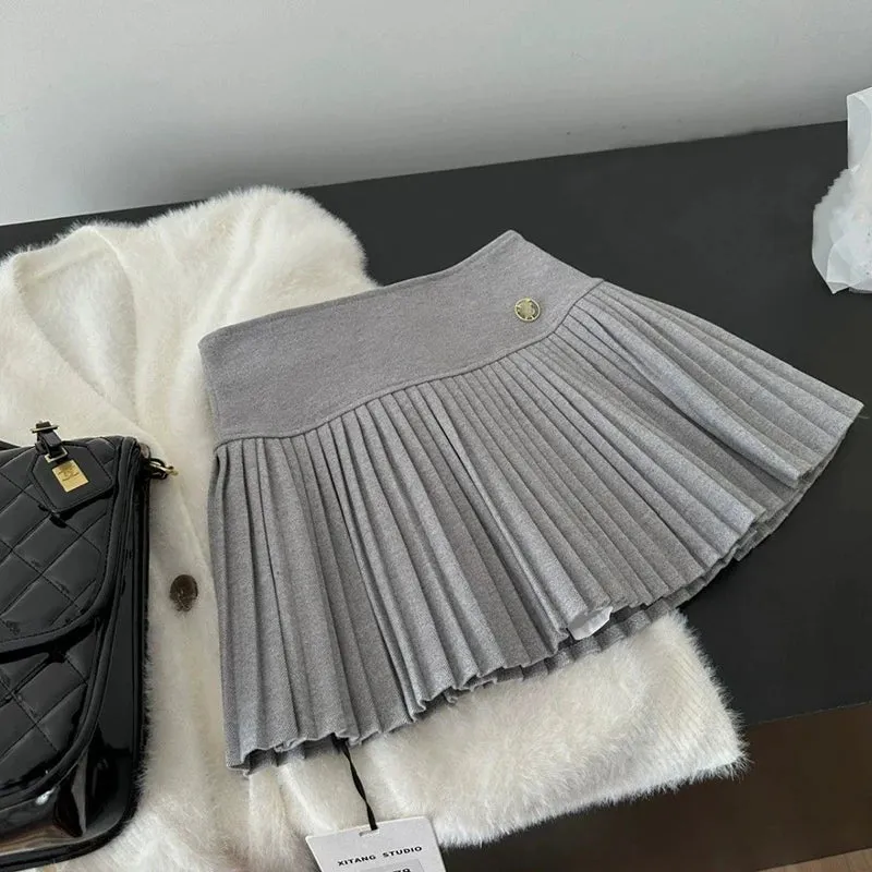 Girlary Woolen Mini Skirts Women Preppy Kawaii Black Pleated Skirt Winter Korean Fashion High Waist All Match A Line Faldas New
