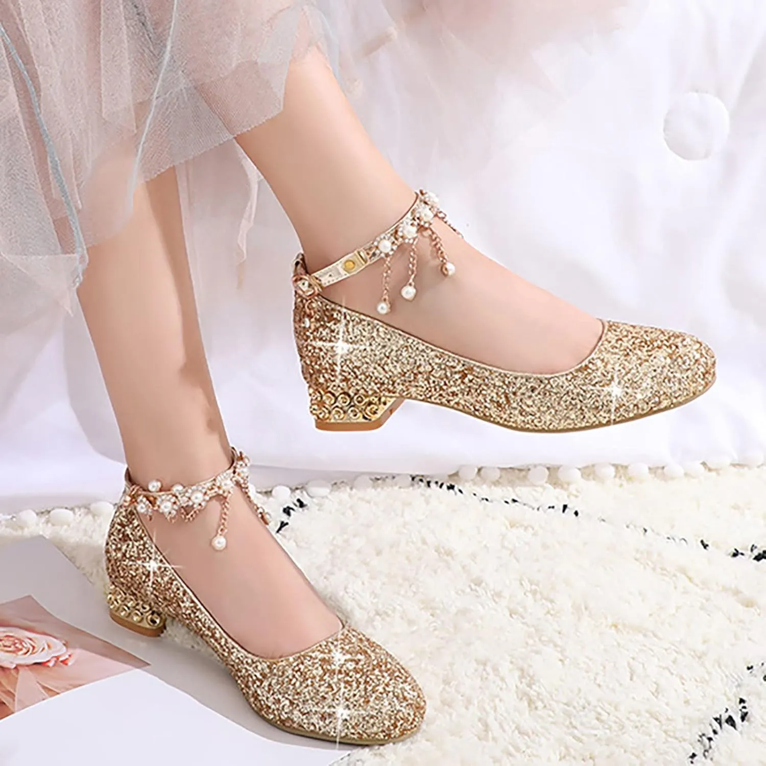 Girls Mary Jane Dress Shoes hinestones Pearls Flower Girl Wedding Low Heels Toddler Little Pool Shoes for Toddlers