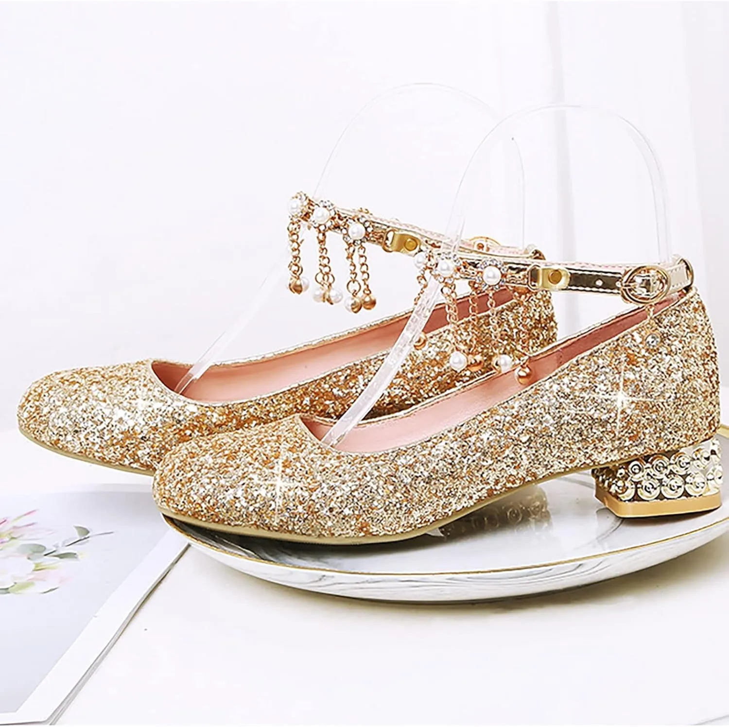 Girls Mary Jane Dress Shoes hinestones Pearls Flower Girl Wedding Low Heels Toddler Little Pool Shoes for Toddlers