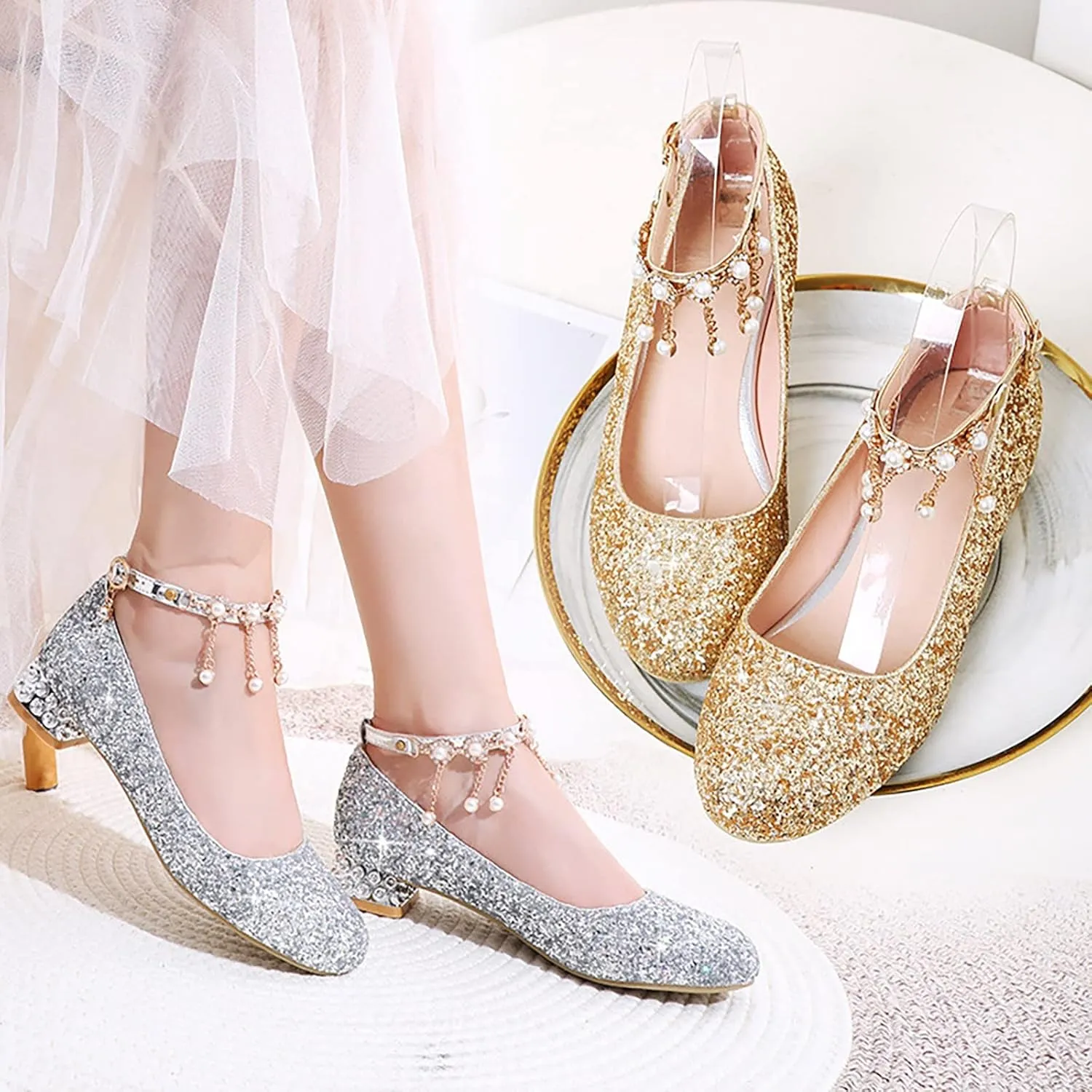 Girls Mary Jane Dress Shoes hinestones Pearls Flower Girl Wedding Low Heels Toddler Little Pool Shoes for Toddlers