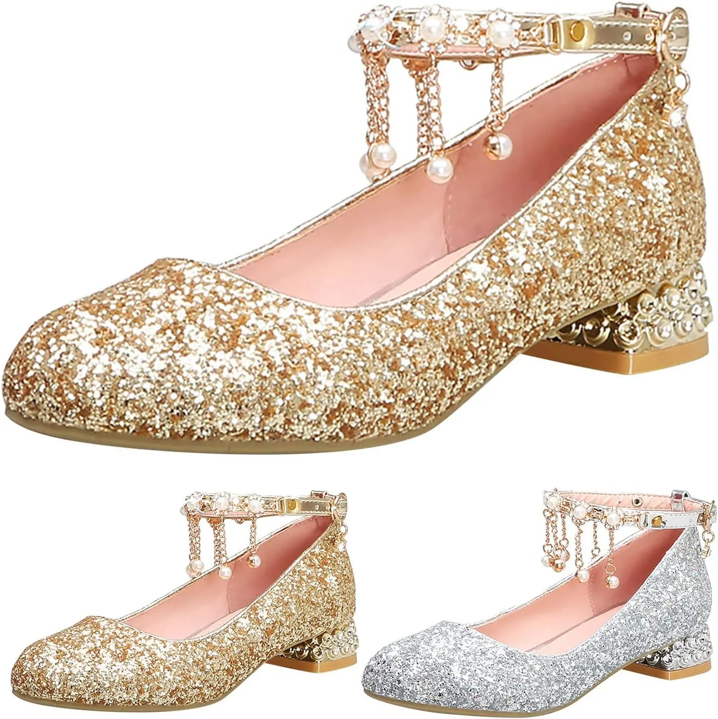 Girls Mary Jane Dress Shoes hinestones Pearls Flower Girl Wedding Low Heels Toddler Little Pool Shoes for Toddlers