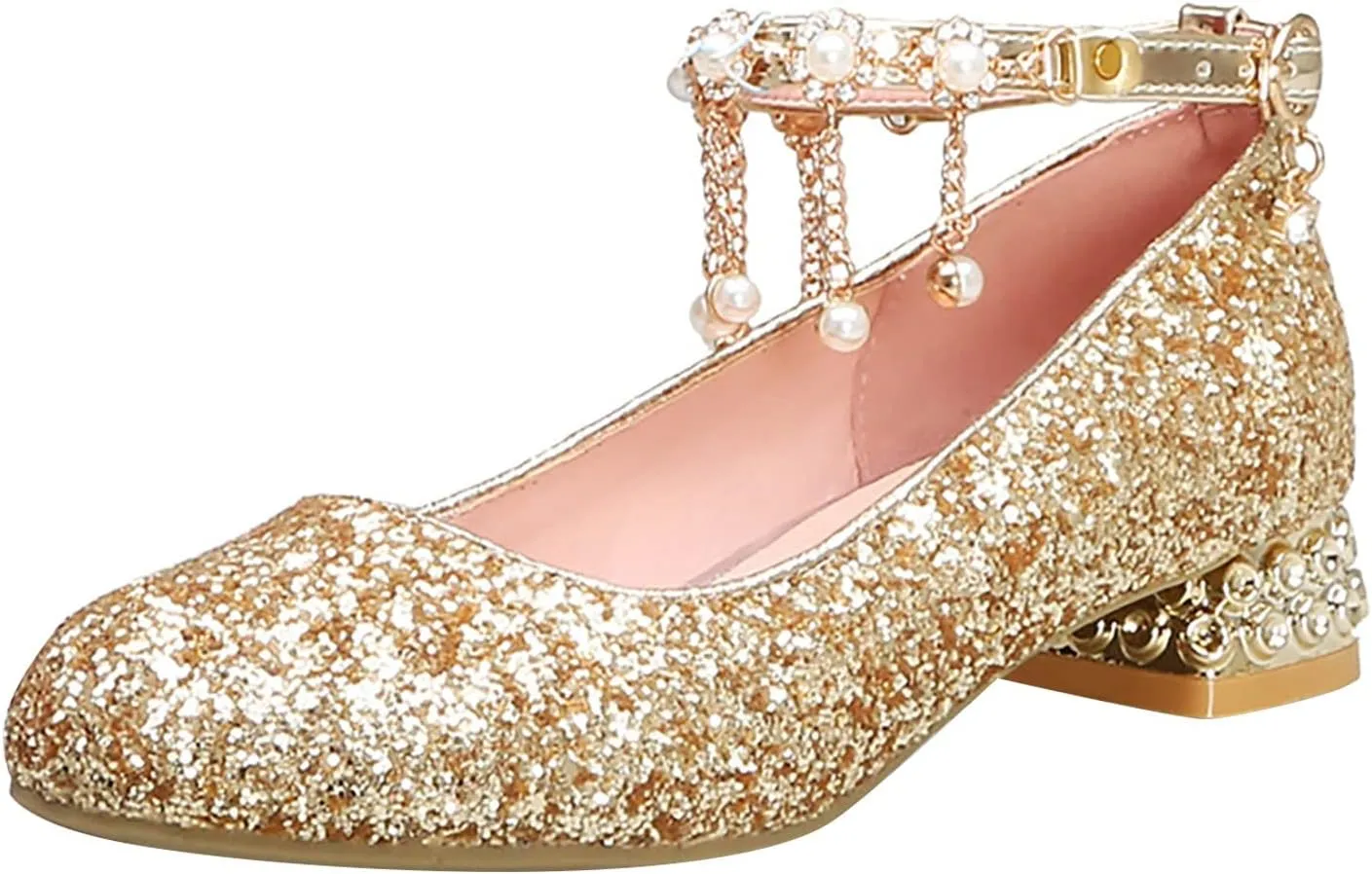 Girls Mary Jane Dress Shoes hinestones Pearls Flower Girl Wedding Low Heels Toddler Little Pool Shoes for Toddlers