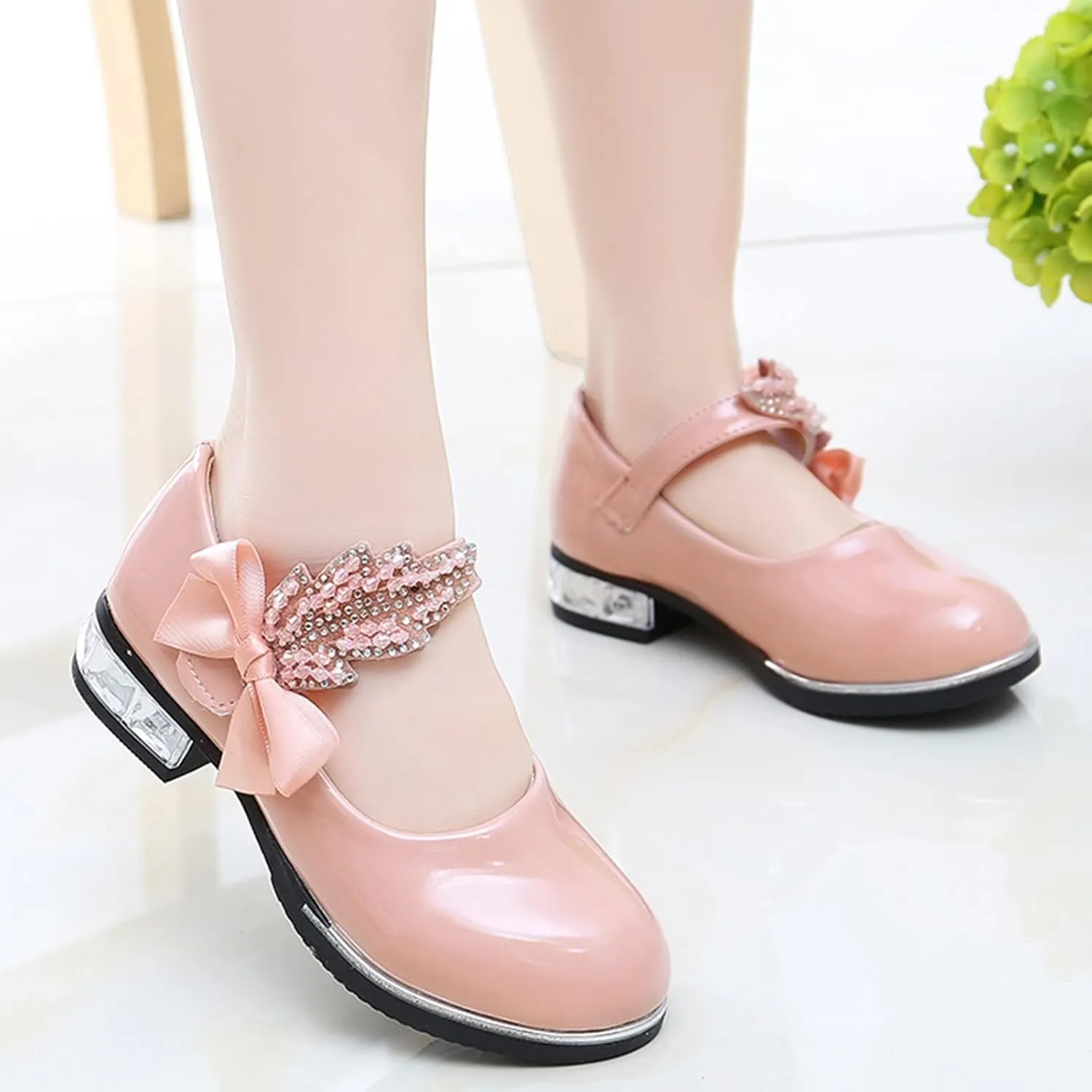 Girls Mary Jane Low Heel Princess Flower Wedding Party Pump Dress Shoes Soft PU Leather Bowknot School Shoes