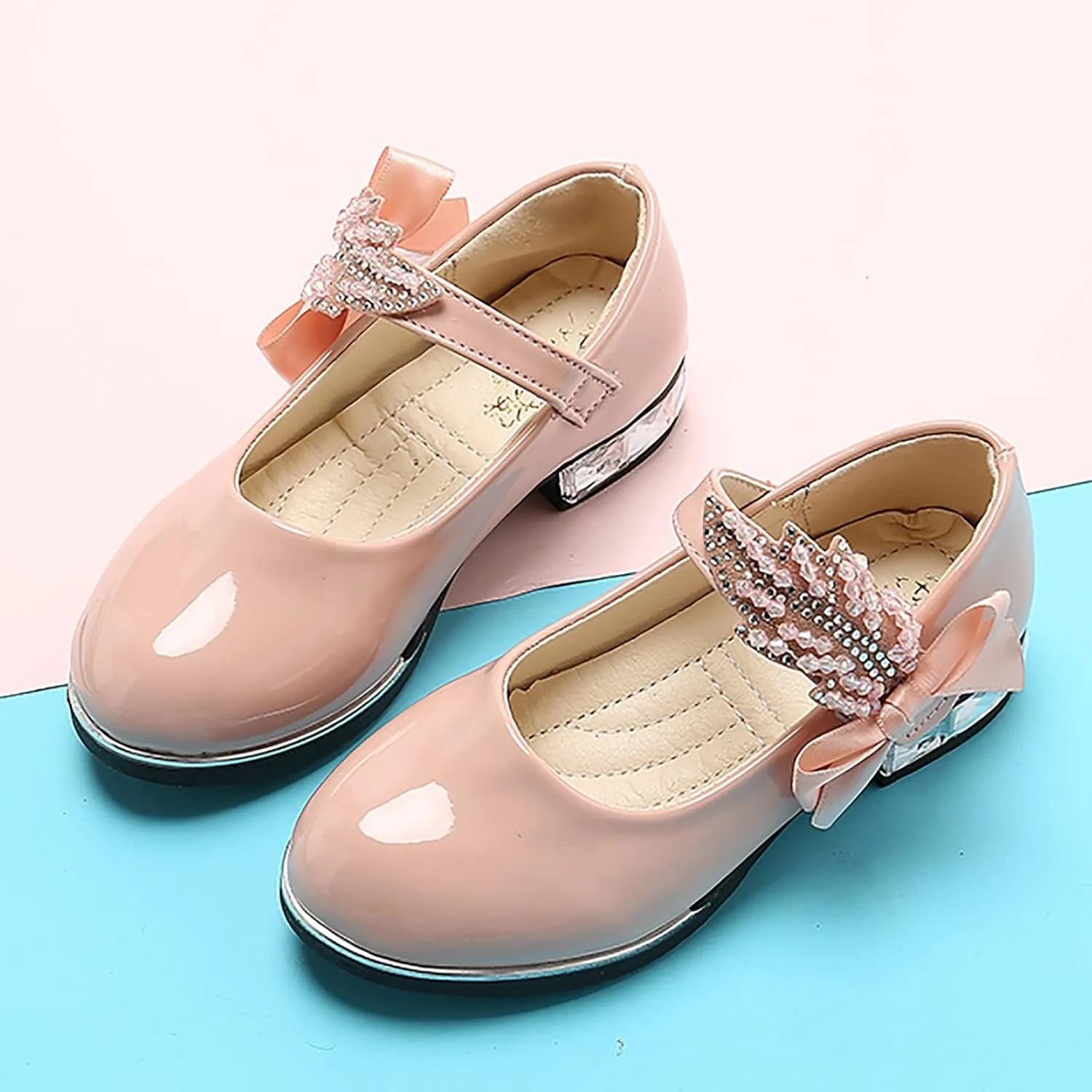 Girls Mary Jane Low Heel Princess Flower Wedding Party Pump Dress Shoes Soft PU Leather Bowknot School Shoes