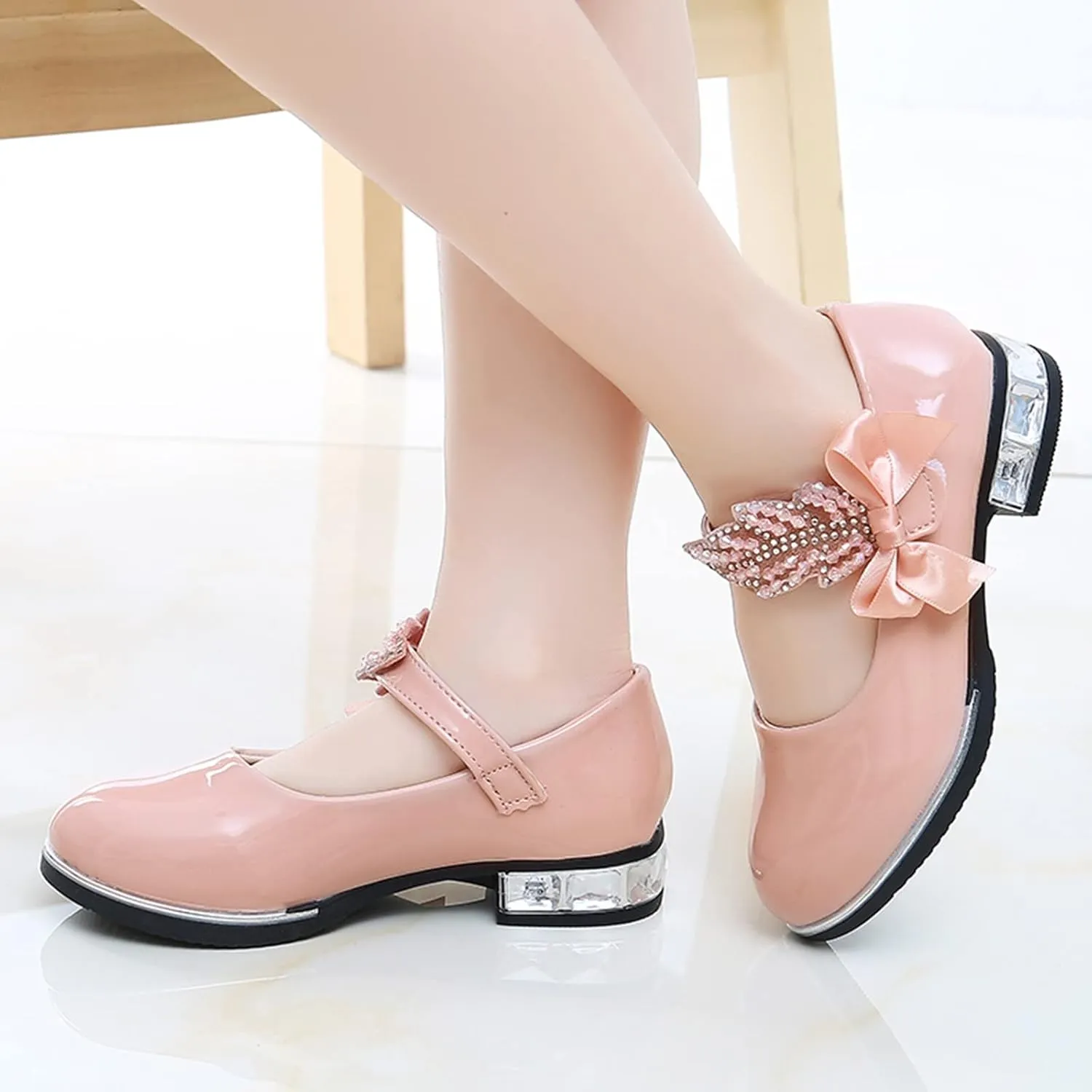 Girls Mary Jane Low Heel Princess Flower Wedding Party Pump Dress Shoes Soft PU Leather Bowknot School Shoes
