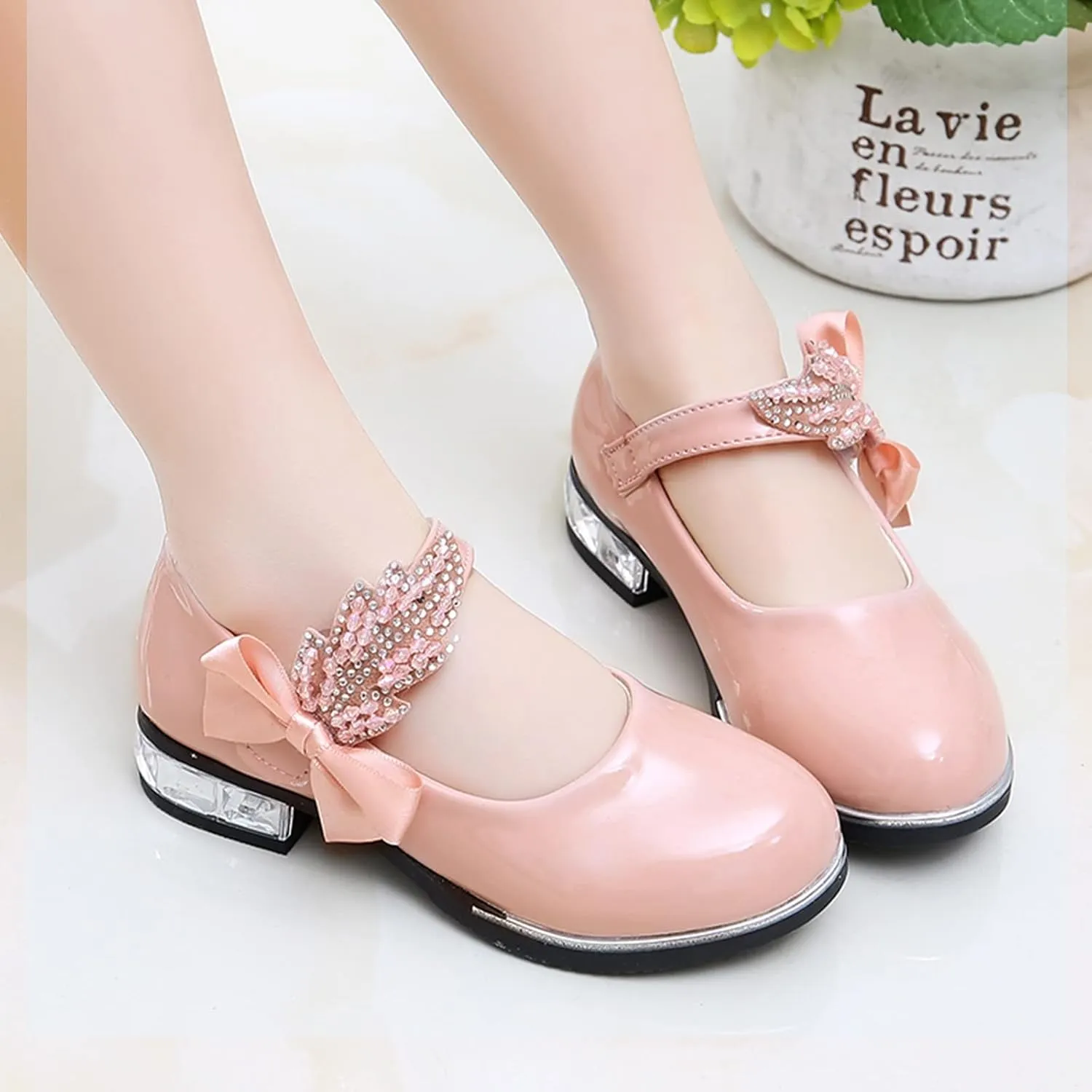 Girls Mary Jane Low Heel Princess Flower Wedding Party Pump Dress Shoes Soft PU Leather Bowknot School Shoes
