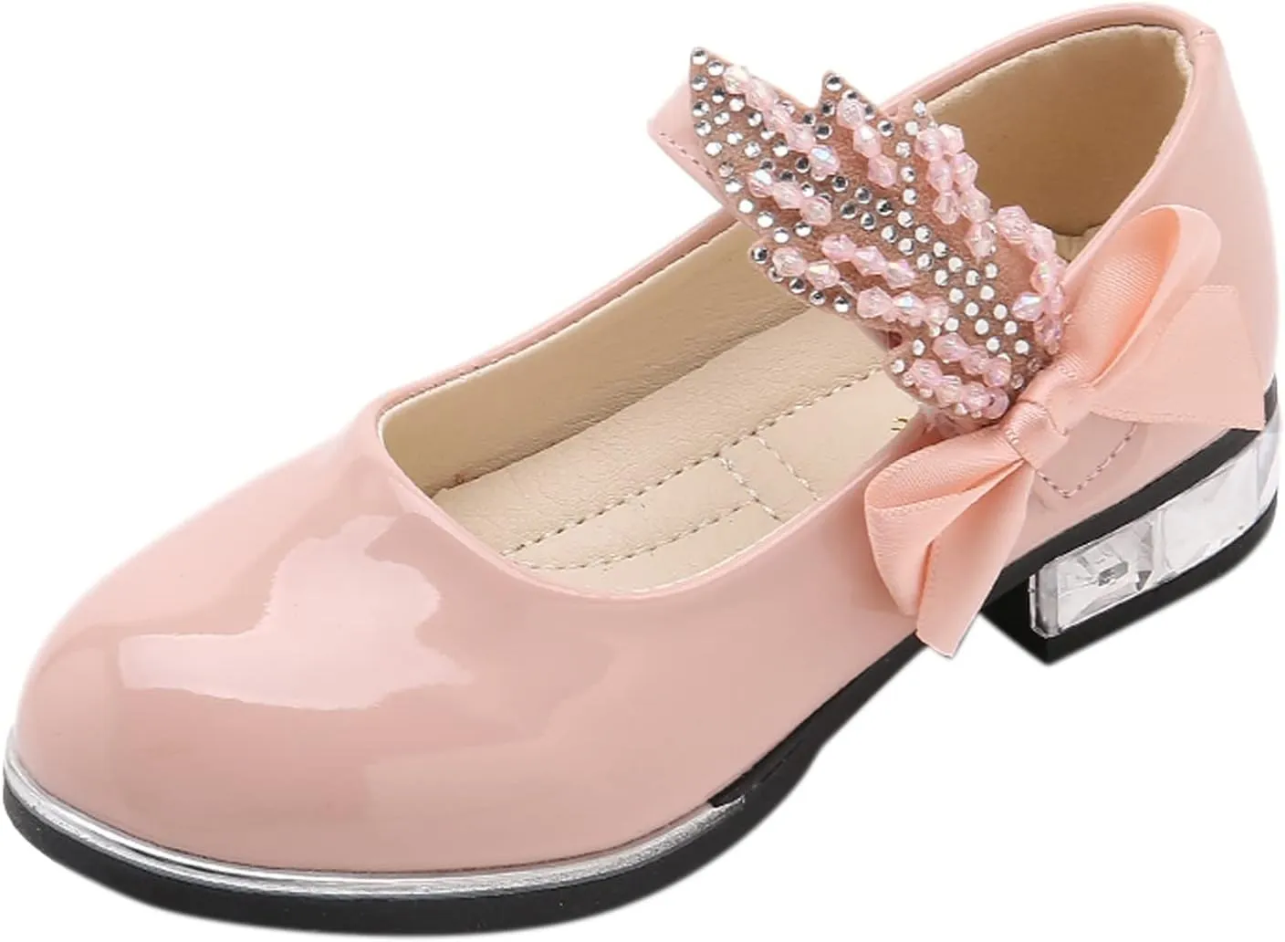 Girls Mary Jane Low Heel Princess Flower Wedding Party Pump Dress Shoes Soft PU Leather Bowknot School Shoes