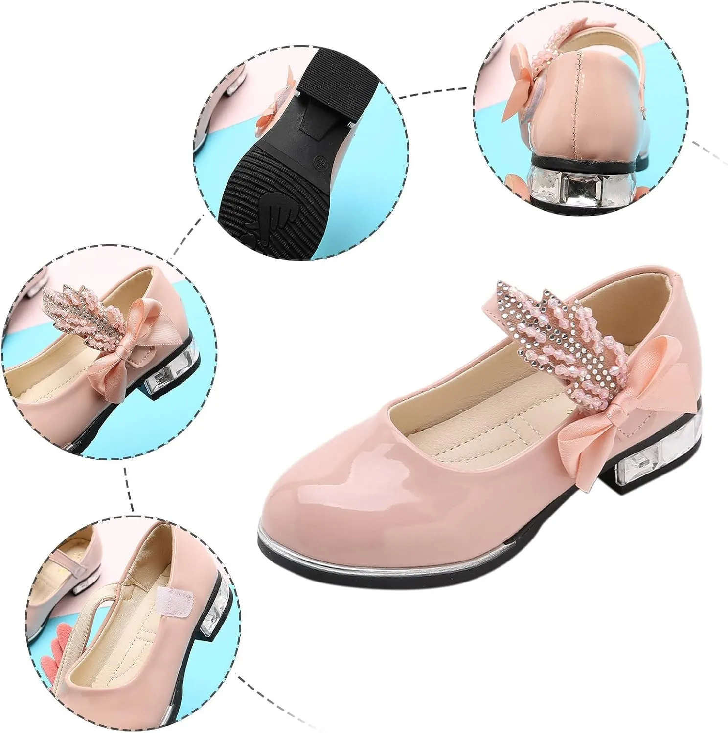 Girls Mary Jane Low Heel Princess Flower Wedding Party Pump Dress Shoes Soft PU Leather Bowknot School Shoes