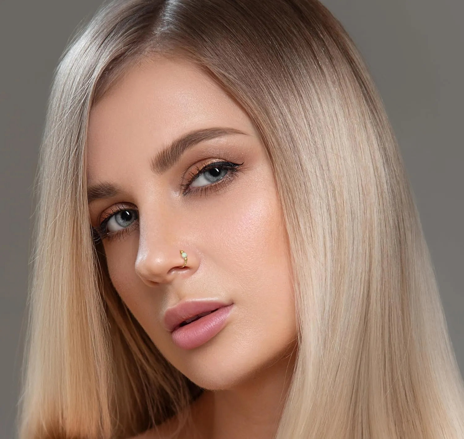 Gold Clip-On Opal Nose Ring 20 Gauge 7mm 14K Gold-Filled Faux Nostril Hoop With Gemstone Stylish Non-Piercing Facial Jewelry