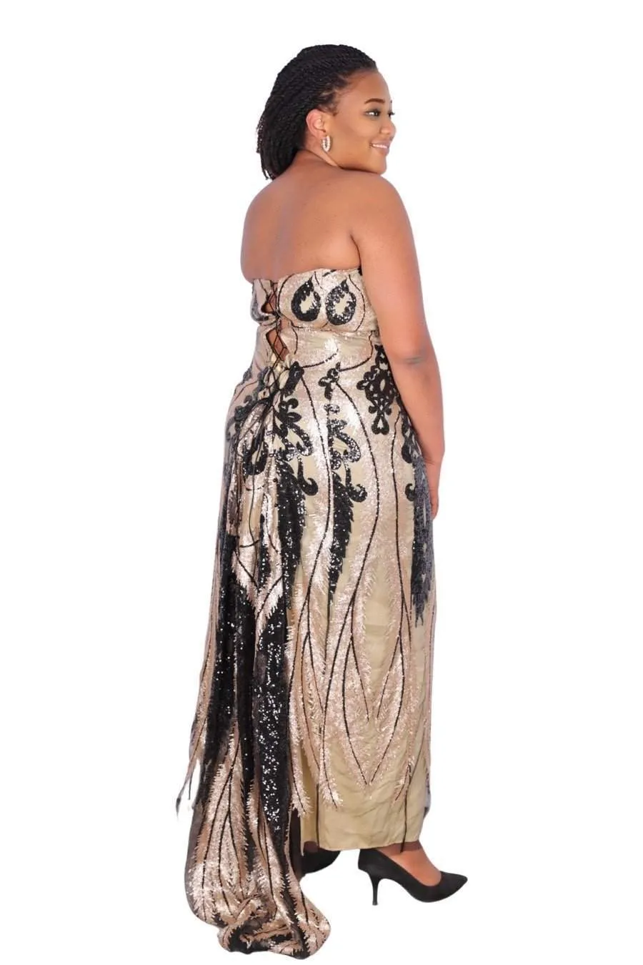 Gold Evening Dress With Black Lace