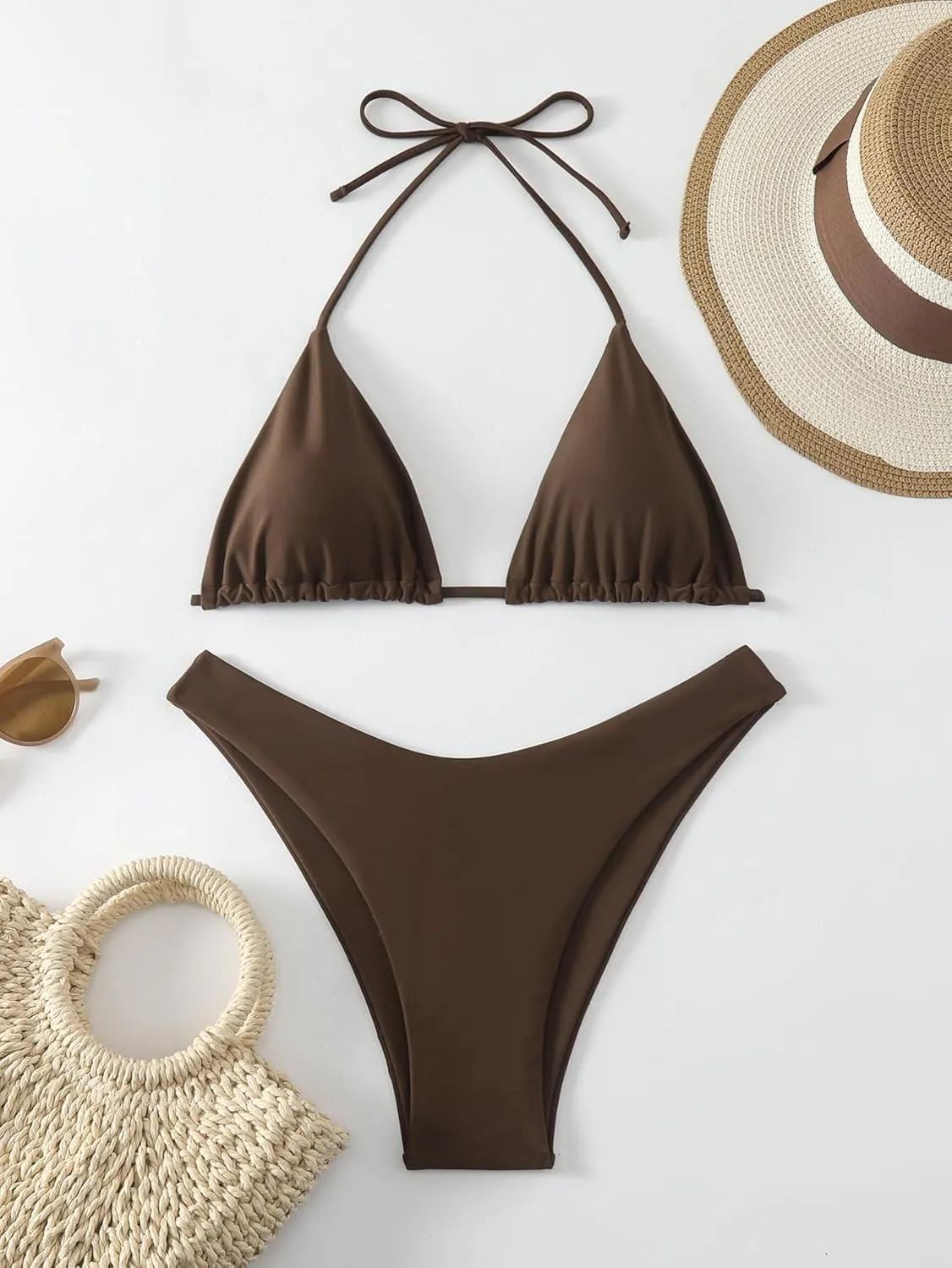 GORGLITTER Women's High Waisted Thong Bikini Set Halter Triangle Tie Back Swimsuit Bathing Suit